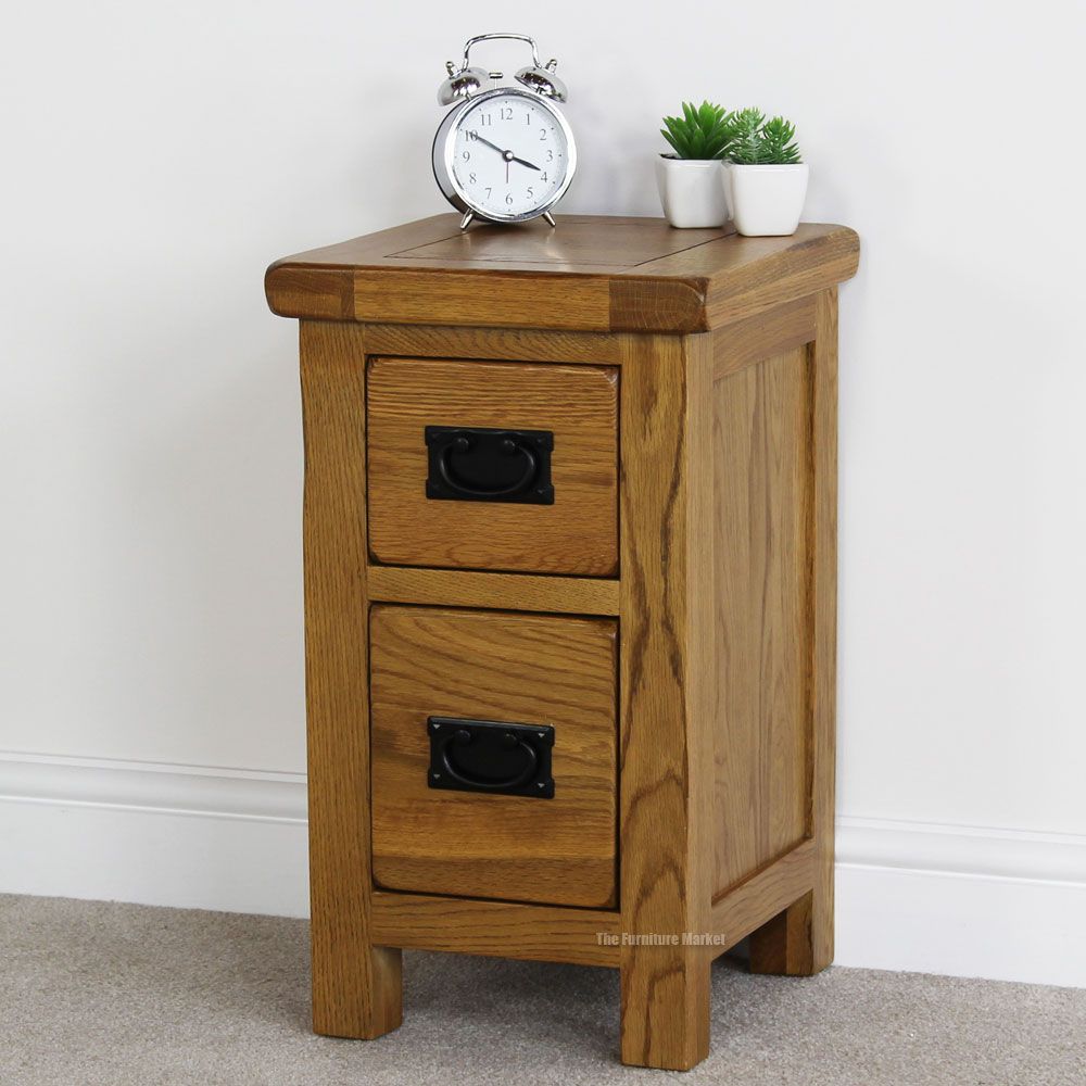 Rustic Oak 2 Drawer Slim Bedside Table Solid Bedroom Furniture Lamp